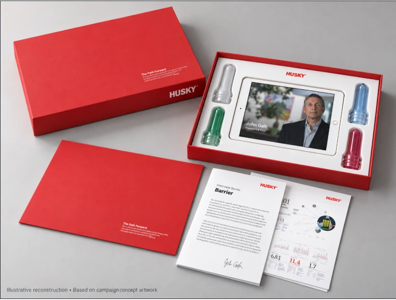 Illustrative reconstruction of red Husky executive direct-mail launch package with iPad, samples and literature
