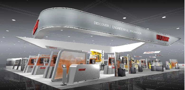 Husky NPE trade-show concept rendering with industrial machinery and brand displays