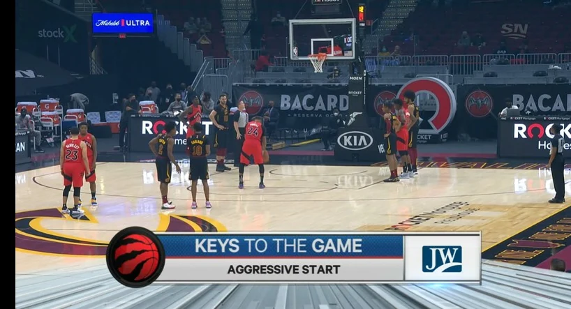 Toronto Raptors game broadcast with Keys to the Game on-screen segment branded JELD-WEN