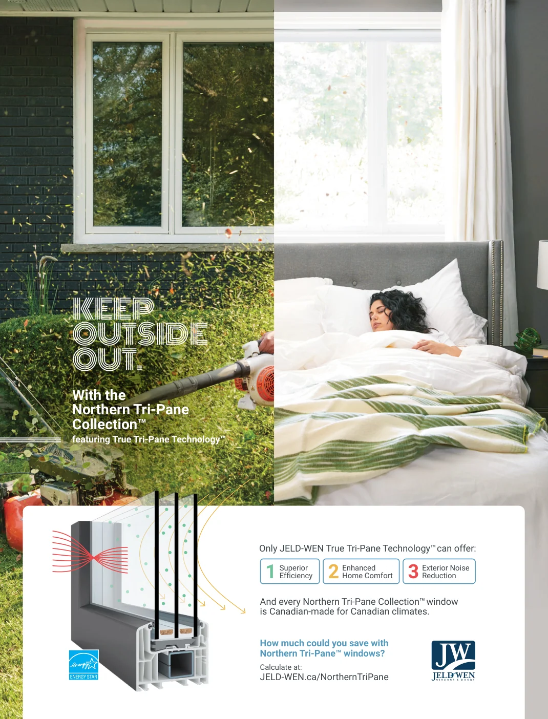 JELD-WEN Keep Outside Out advertising showing outdoor noise and woman sleeping inside