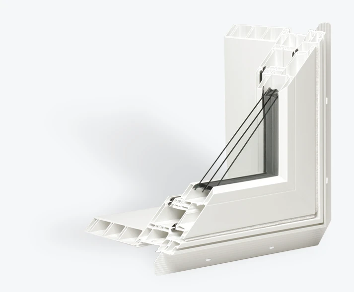 Cross-section of triple-pane window unit with white frame and three panes of glass