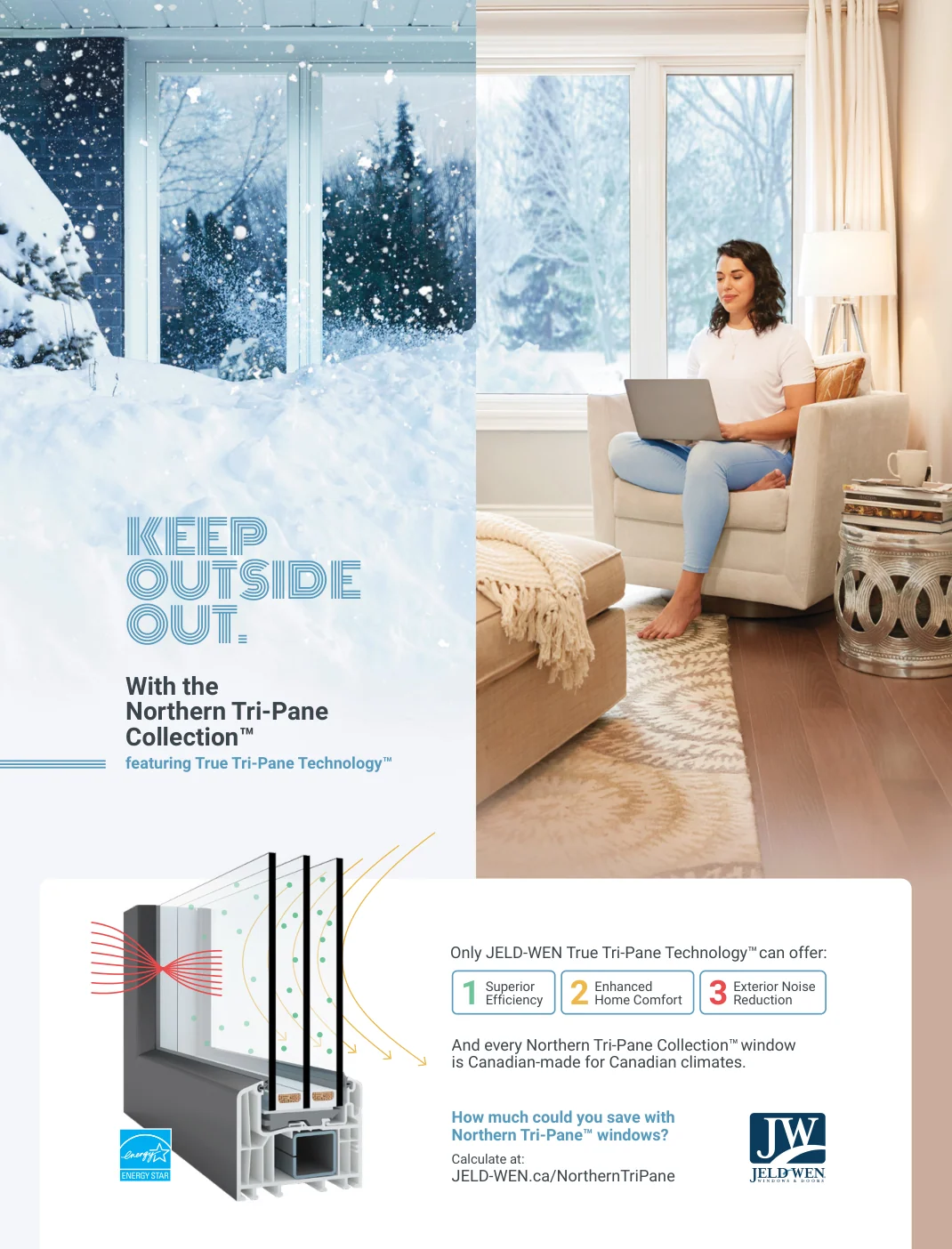 JELD-WEN Keep Outside Out print creative showing snow outdoors and a comfortable living room