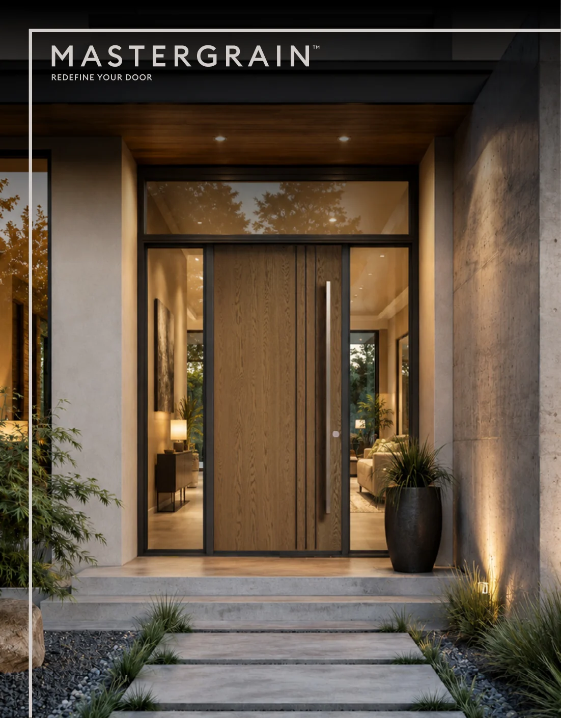 MASTERGRAIN distribution brochure cover showing a contemporary residential entry door