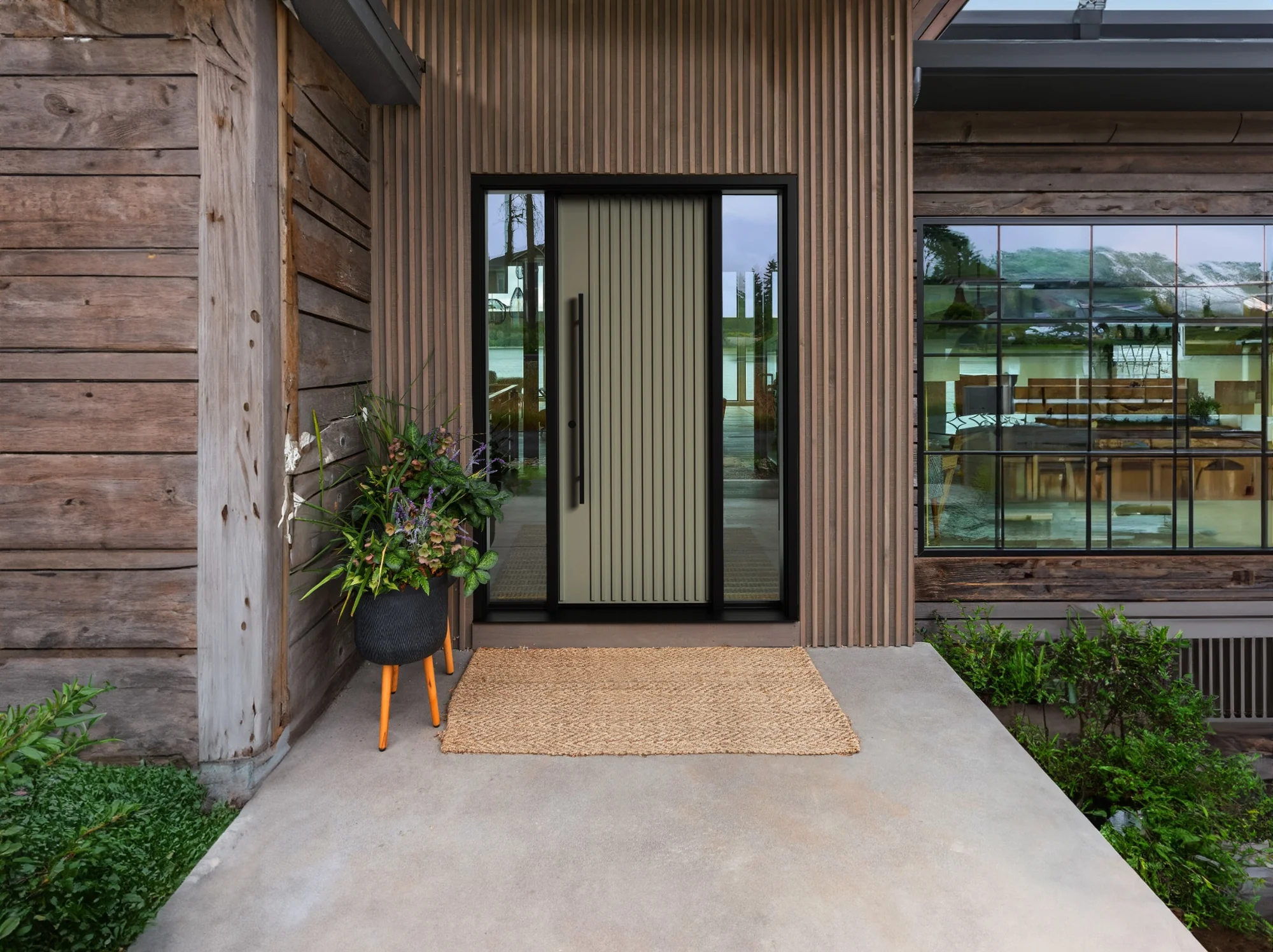 Evergreen Fog vertically lined door set into rustic timber home